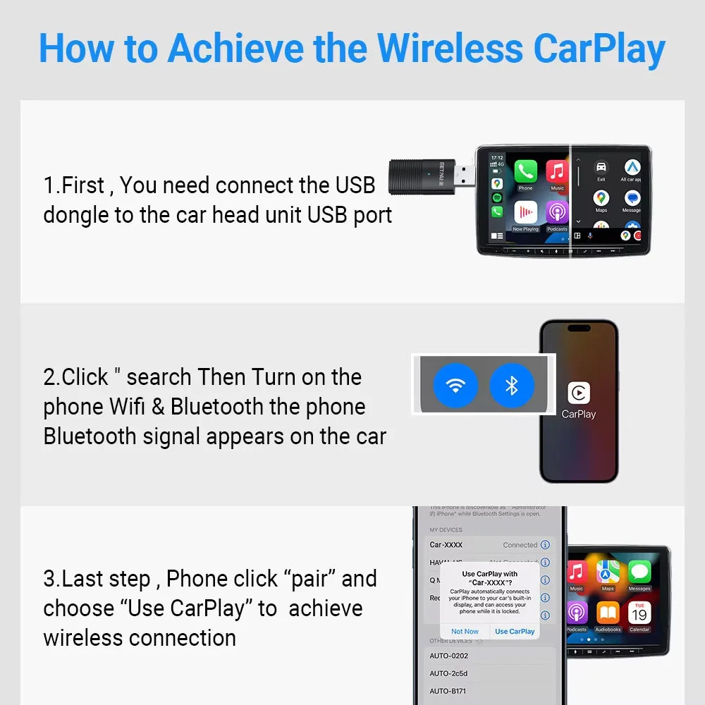 Wireless Carplay Dongle Android Auto Mini Adapter Plug and Play Wifi Fast Connect Universal for Cars with Wired Carplay