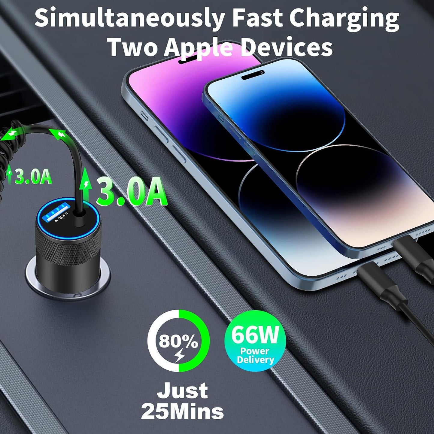 [Apple Mfi Certified] Iphone Car Charger Fast Charging,  4.8A Dual USB Power Cigarette Lighter Car Charger Adapter with 6FT Lightning Coiled Cable for Iphone 14 13 12 11 Pro/Xs/Xr/Se/X/Ipad
