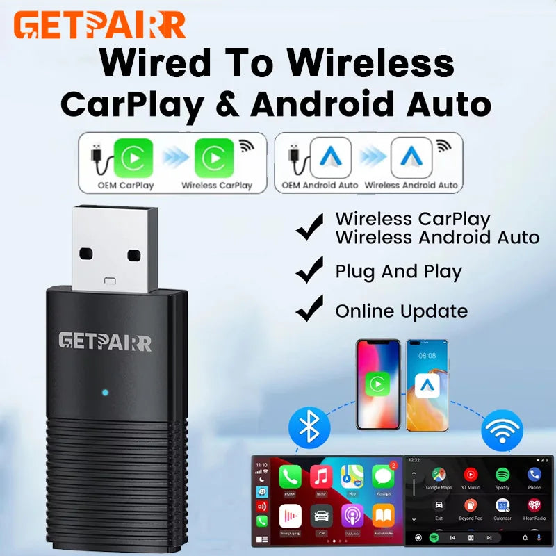 Wireless Carplay Dongle Android Auto Mini Adapter Plug and Play Wifi Fast Connect Universal for Cars with Wired Carplay