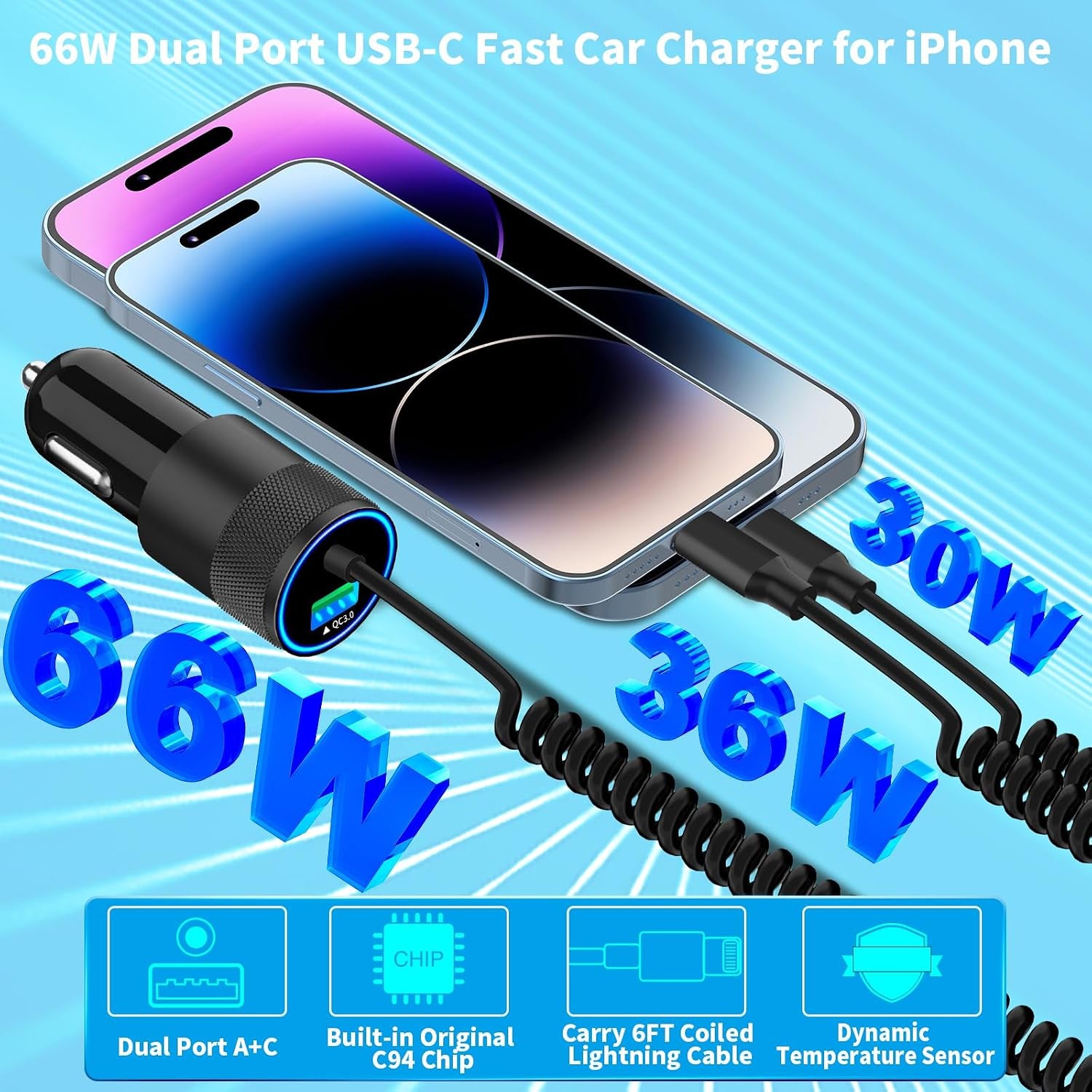 [Apple Mfi Certified] Iphone Car Charger Fast Charging,  4.8A Dual USB Power Cigarette Lighter Car Charger Adapter with 6FT Lightning Coiled Cable for Iphone 14 13 12 11 Pro/Xs/Xr/Se/X/Ipad