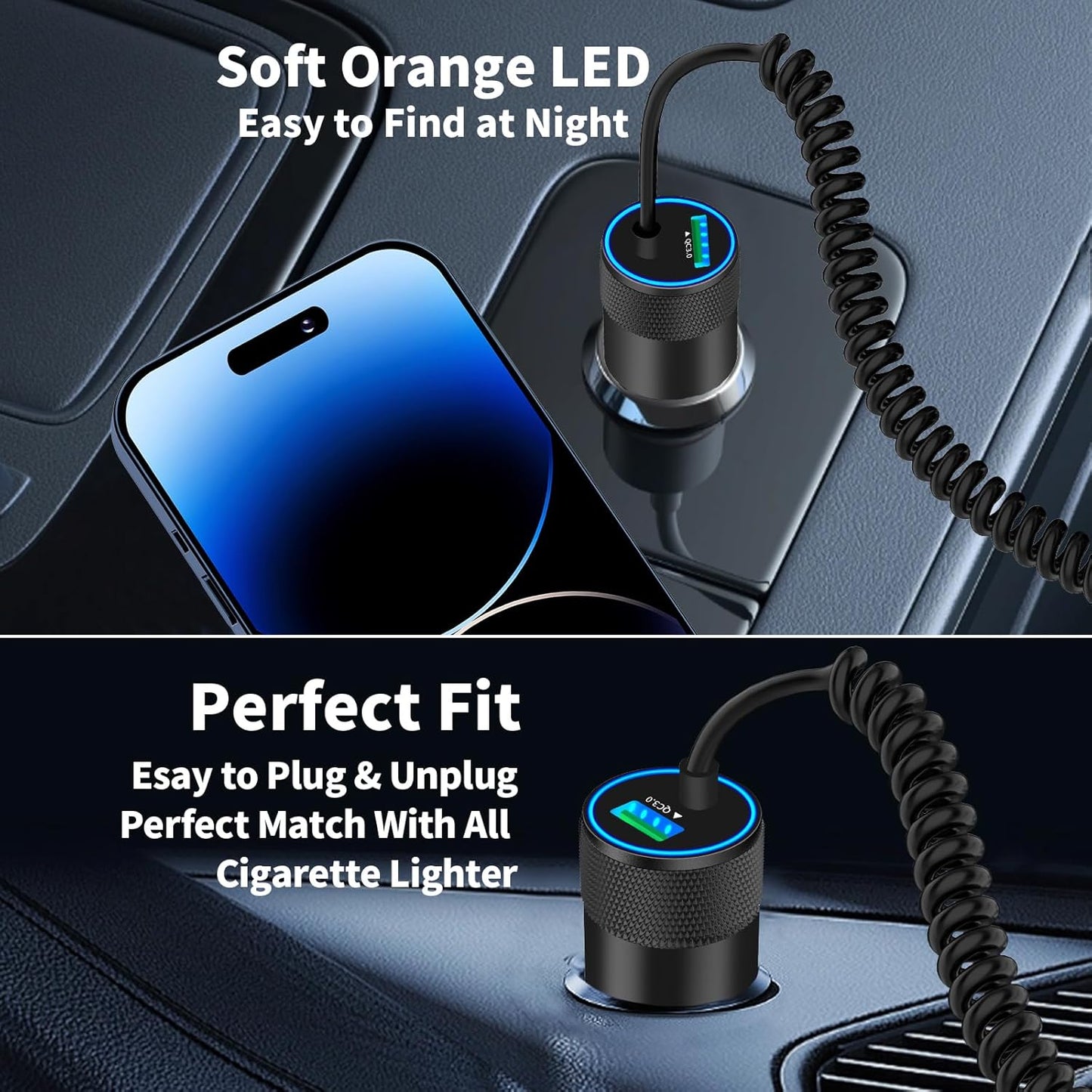 [Apple Mfi Certified] Iphone Car Charger Fast Charging,  4.8A Dual USB Power Cigarette Lighter Car Charger Adapter with 6FT Lightning Coiled Cable for Iphone 14 13 12 11 Pro/Xs/Xr/Se/X/Ipad